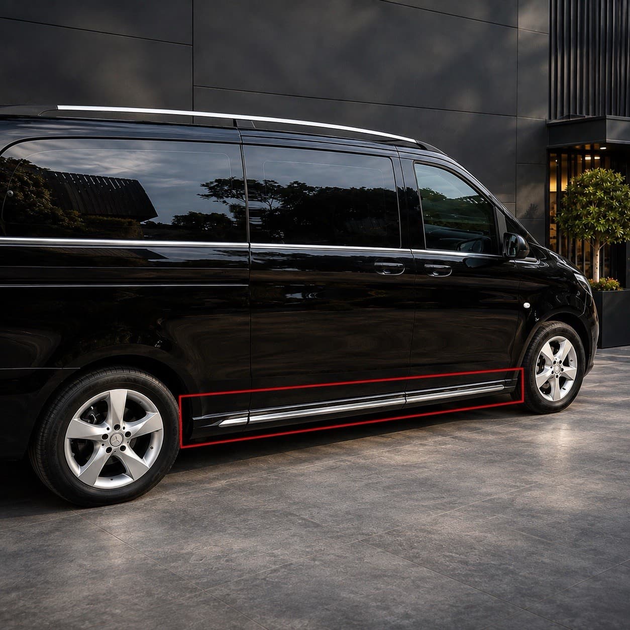 Mercedes Vito / V-Class W447 L2 Side Skirts — Chrome Threshold Trim (2014–2023) — photo 1
