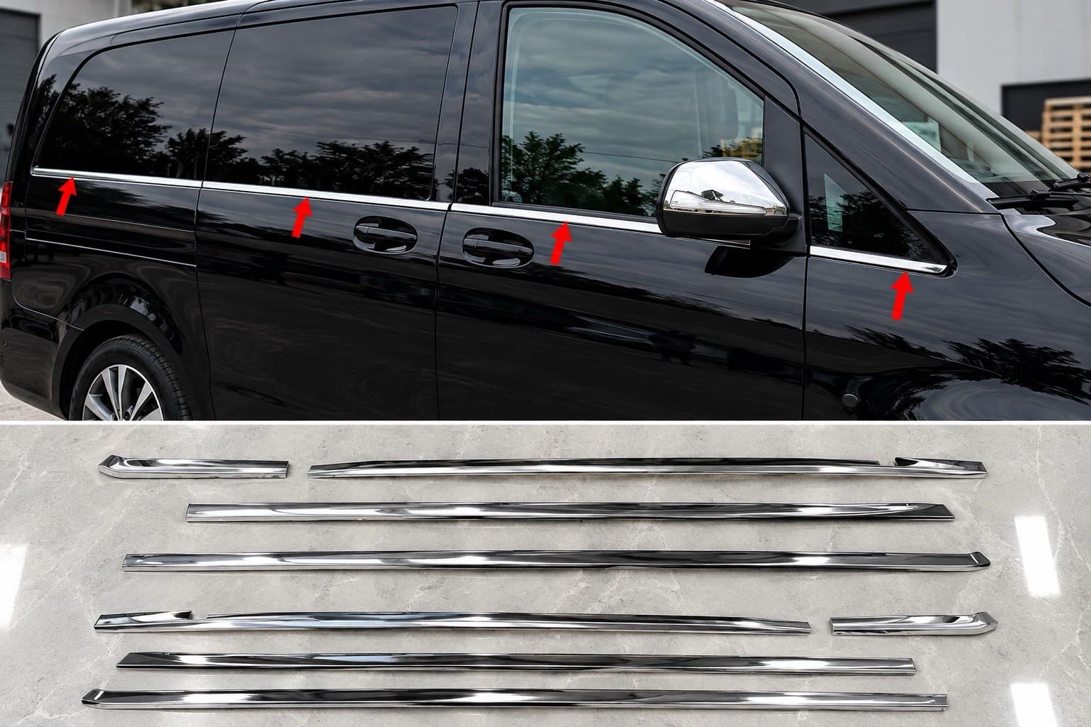 Mercedes Vito V-Class W447 L3 Extra Long Chrome Window Trim 8PC Twin Sliding — photo 1