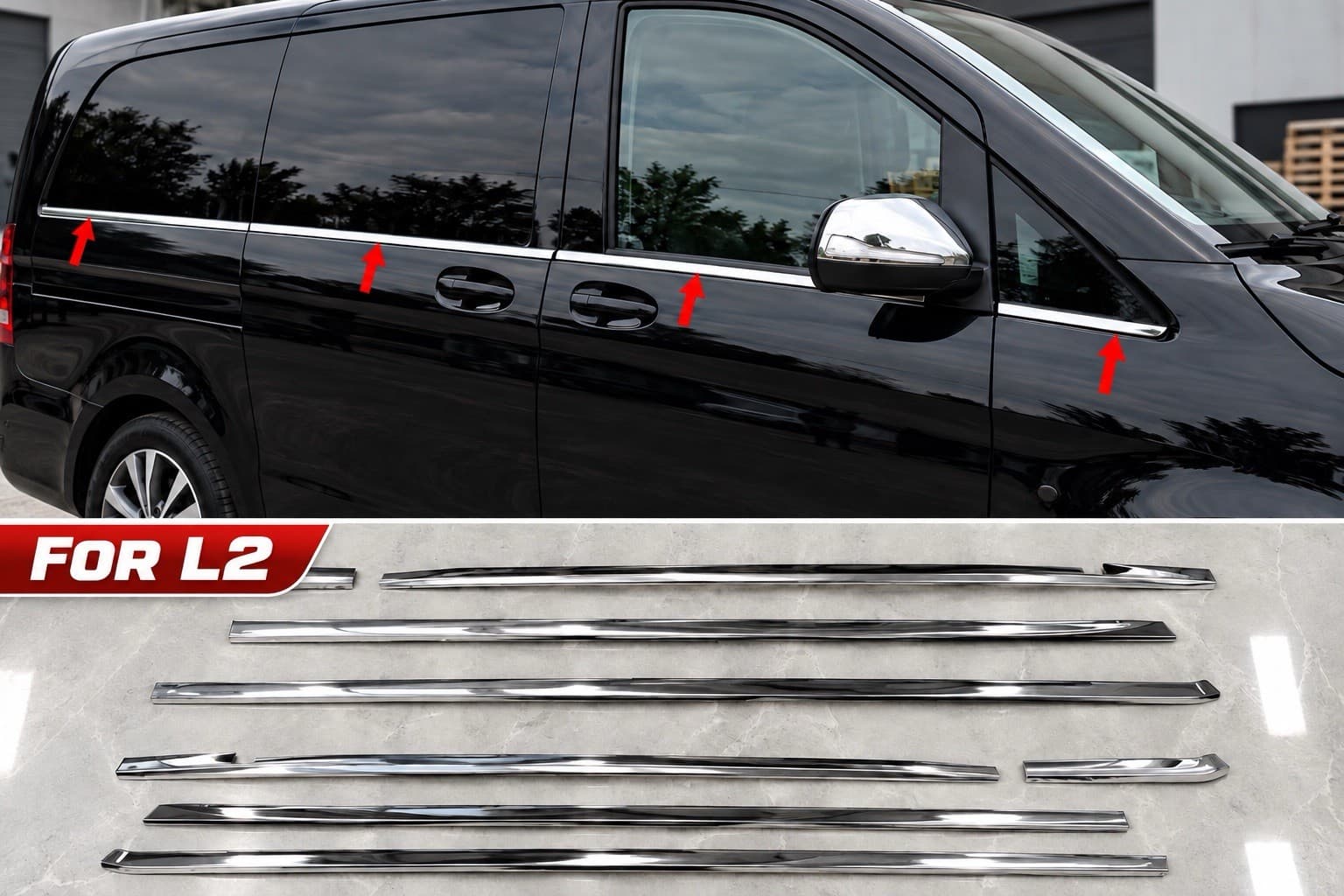 Mercedes Vito V-Class W447 L2 Long Chrome Window Trim 8PC Twin Sliding Doors — photo 1